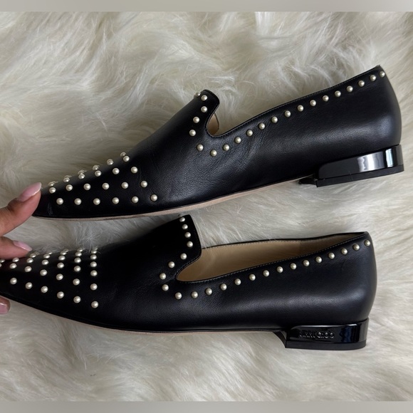 Jimmy Choo Jaida Flat Black Leather white pearl detail loafers - Picture 3 of 4